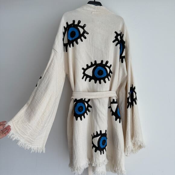 Hand Crafted Jackets & Blazers - Handmade Evil Eye Kimono One Size 100% Cotton Boho Festival Beachwear Bathrobe